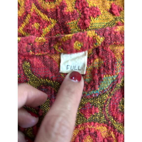 VTG 1970s Damask Bedspread Red Brocade Fringe Edging 78"x100" Boho Full Bedding - Picture 12 of 14